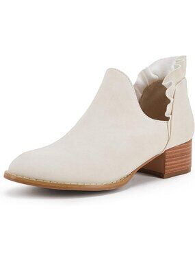 Women's Beige Ruffled Ankle Boots V Cut Out Pointed Toe Low Heel Western Booties